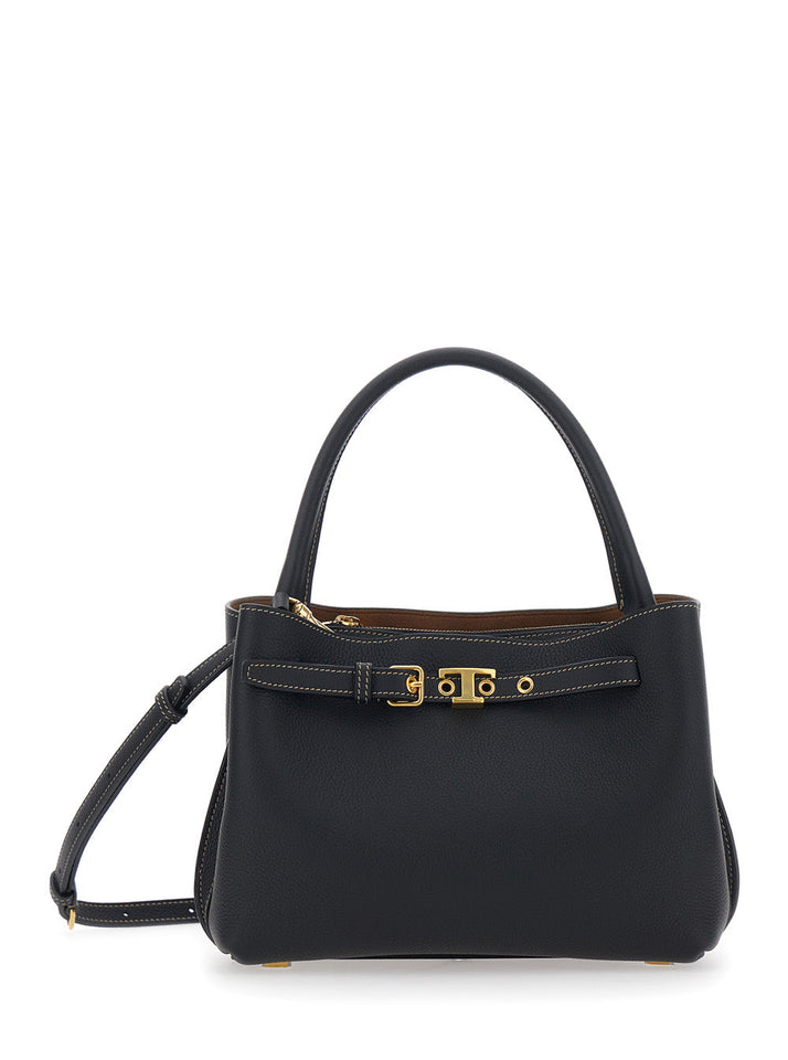 Tod's Women 'T-String' Black Handbag With Adjustable And Removable Shoulder Strap And Buckled Belt Detail On The Front In Grained Leather Woman