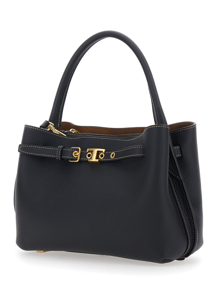 Tod's Women 'T-String' Black Handbag With Adjustable And Removable Shoulder Strap And Buckled Belt Detail On The Front In Grained Leather Woman