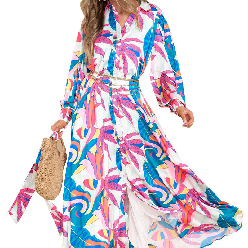 Printed Dresses Long-sleeved Polo Collar Oversized Hem Dresses Women